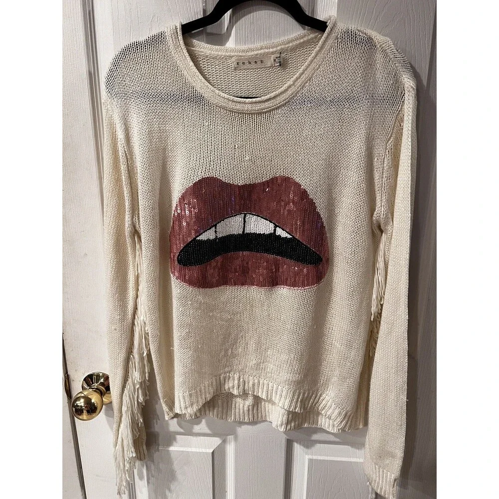 Boutique REHAB Lips Pullover SWEATER Womens SZ M Ivory Fringe Sequin grunge edgy